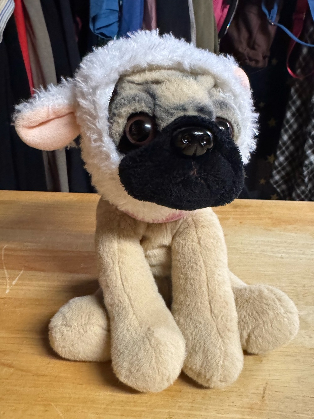 Plush Pug Dog with White Lamb Hood - Soft Beige